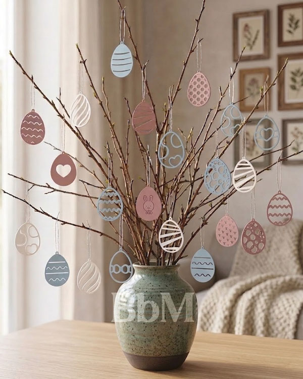 arbre de paques printemps maison oeufs papier decoration bebymaman Arbre de Pâques avec œufs en papier découpé pastel suspendus aux motifs ajourés