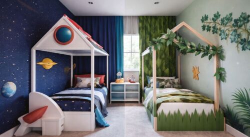 ALT Chambre enfant frère sœur avec deux univers distincts, lit cabane espace et lit cabane nature, décoration partagée et espaces personnalisés