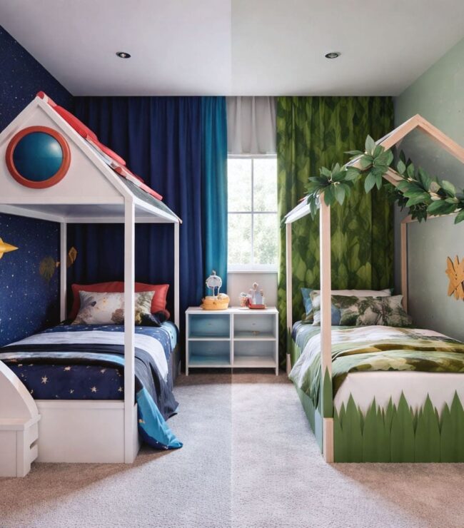 ALT Chambre enfant frère sœur avec deux univers distincts, lit cabane espace et lit cabane nature, décoration partagée et espaces personnalisés