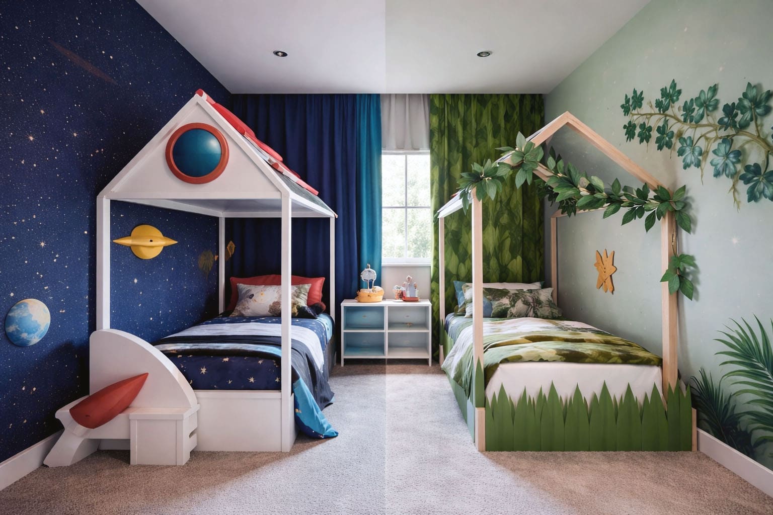 ALT Chambre enfant frère sœur avec deux univers distincts, lit cabane espace et lit cabane nature, décoration partagée et espaces personnalisés