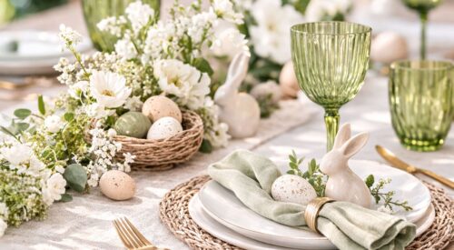 Table de Pâques élégante et printanière dressée dans un style garden party avec verres verts, assiettes blanches, serviette vert sauge, petits lapins décoratifs, nid avec œufs tachetés et fleurs blanches fraîches.