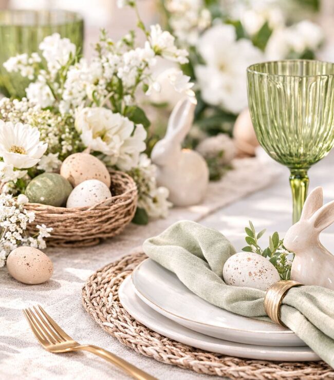Table de Pâques élégante et printanière dressée dans un style garden party avec verres verts, assiettes blanches, serviette vert sauge, petits lapins décoratifs, nid avec œufs tachetés et fleurs blanches fraîches.