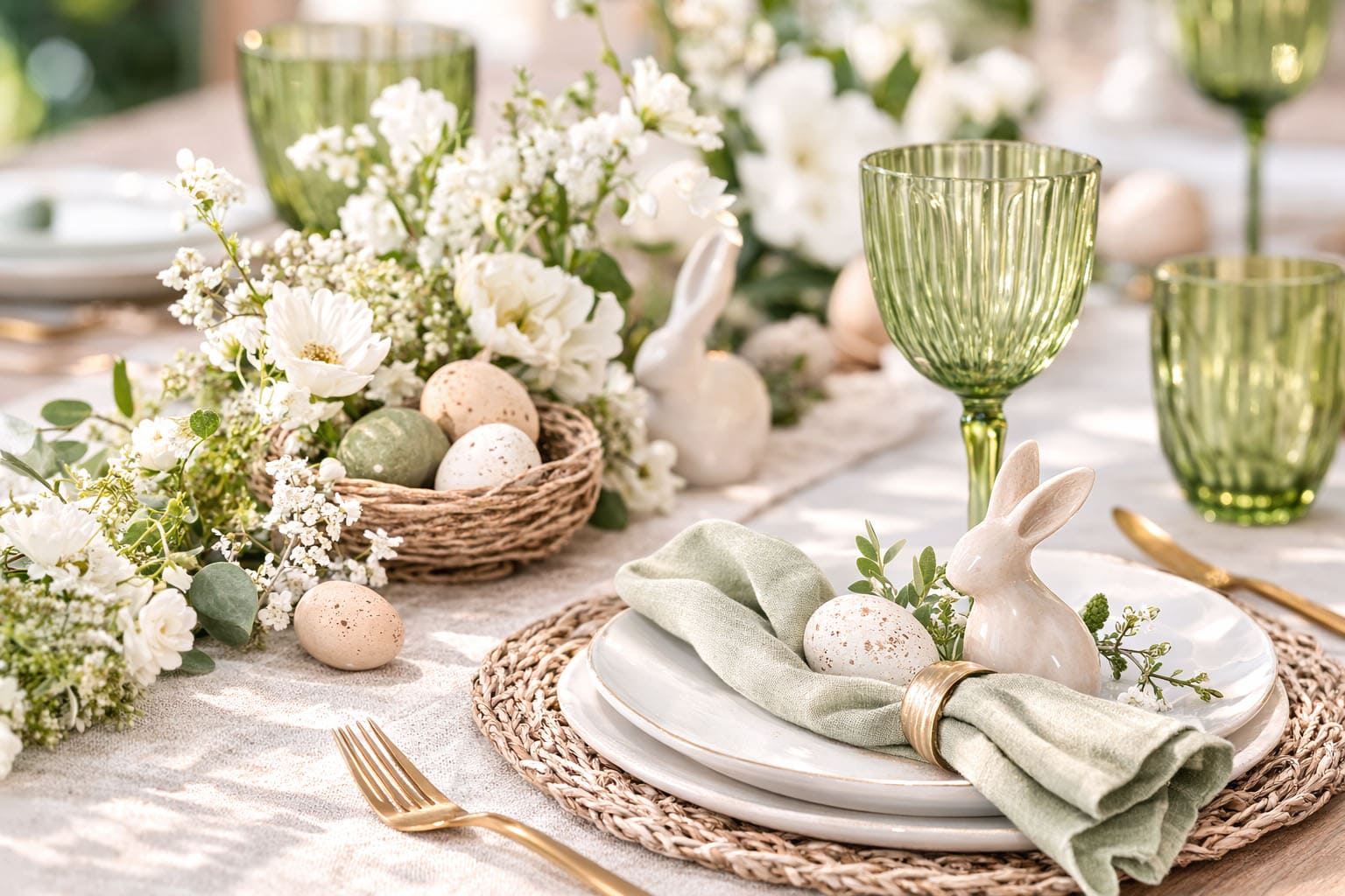Table de Pâques élégante et printanière dressée dans un style garden party avec verres verts, assiettes blanches, serviette vert sauge, petits lapins décoratifs, nid avec œufs tachetés et fleurs blanches fraîches.