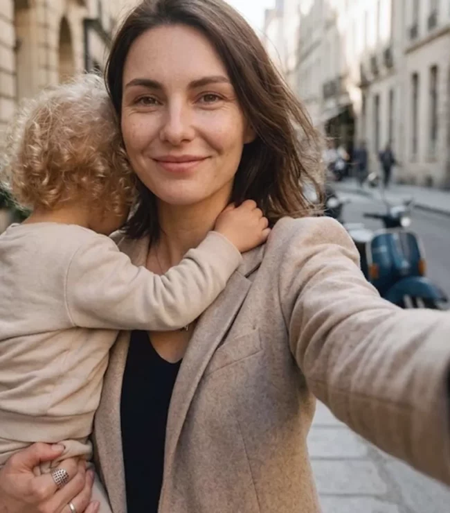 Maman portant son jeune enfant dans une rue, femme et maternité au quotidien