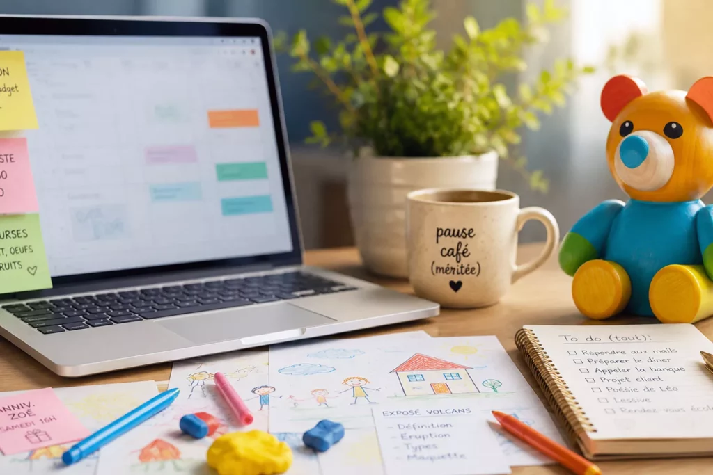 llustration maman hybride multitache quotidien femme travail famille Bureau d'une maman hybride avec ordinateur portable, liste de tâches, dessins d'enfants, mug de café et jouet en bois illustrant le quotidien multitâche entre travail et vie de famille.