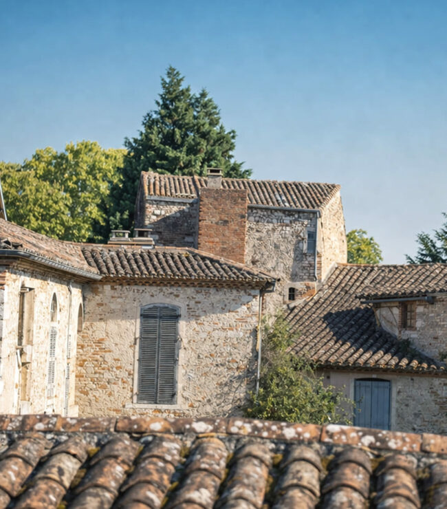 toits de maisons anciennes en tuiles avec façades en pierre village ancien ambiance authentique maison centenaire rénovation