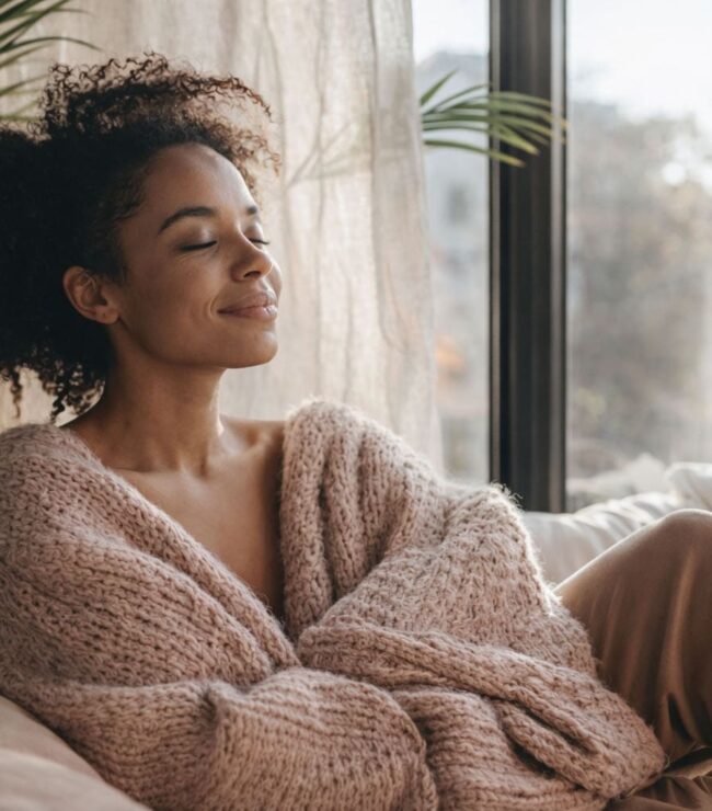 Femme en slow attitude chez elle, moment de calme et de recentrage dans un intérieur lumineux