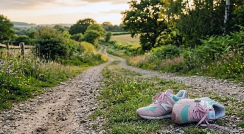Paire de baskets abandonnées sur un chemin de campagne symbolisant le ralentissement et la quête d'un mode de vie slow maman.