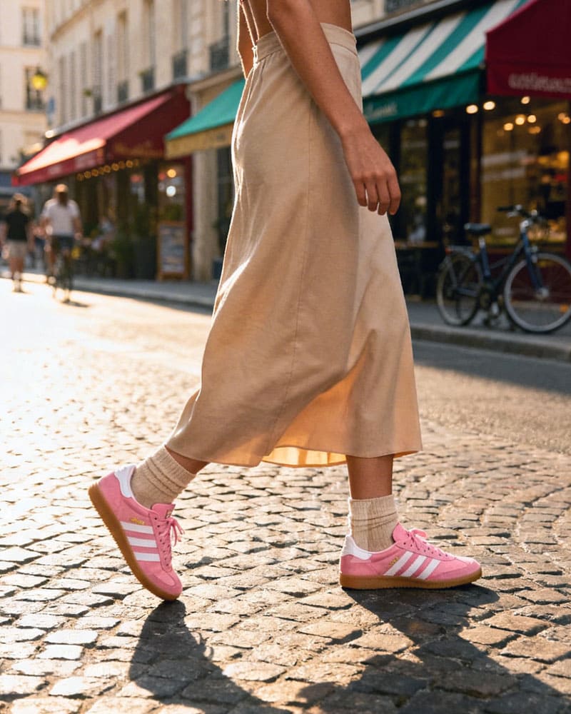 baskets roses mode femme dressing ete oser porter du rose bebymaman baskets roses avec jupe fluide beige look femme été 2026