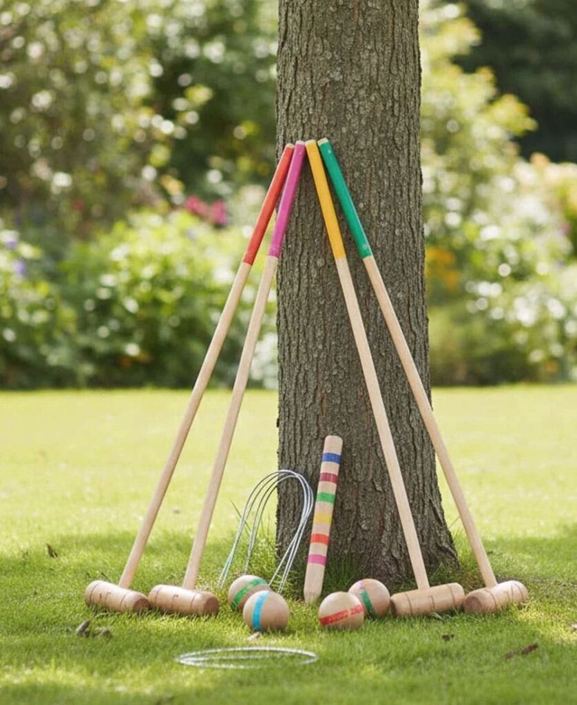 bcdjeux activite exterieur famille croquet bois Jeu de croquet en bois installé dans un jardin, activité extérieure familiale pour jouer et bouger ensemble sur l’herbe