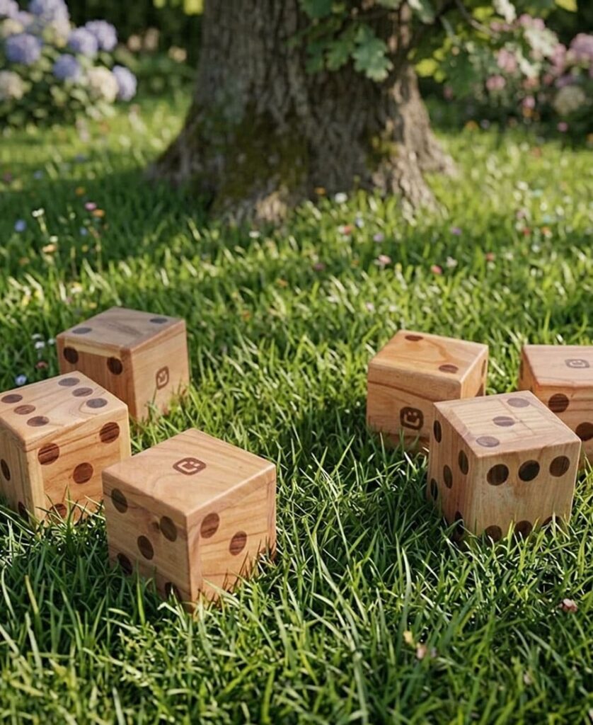 bcdjeux activite exterieur famille de en bois geant Dés géants en bois posés sur l’herbe dans un jardin, jeu extérieur convivial pour jouer en famille et profiter du plein air