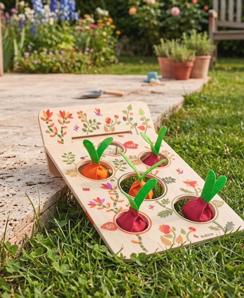 bcdjeux activite exterieur famille jeu de lancer bois Jeu de lancer en bois avec cibles colorées posé dans un jardin près d’une terrasse, activité ludique pour enfants en extérieur