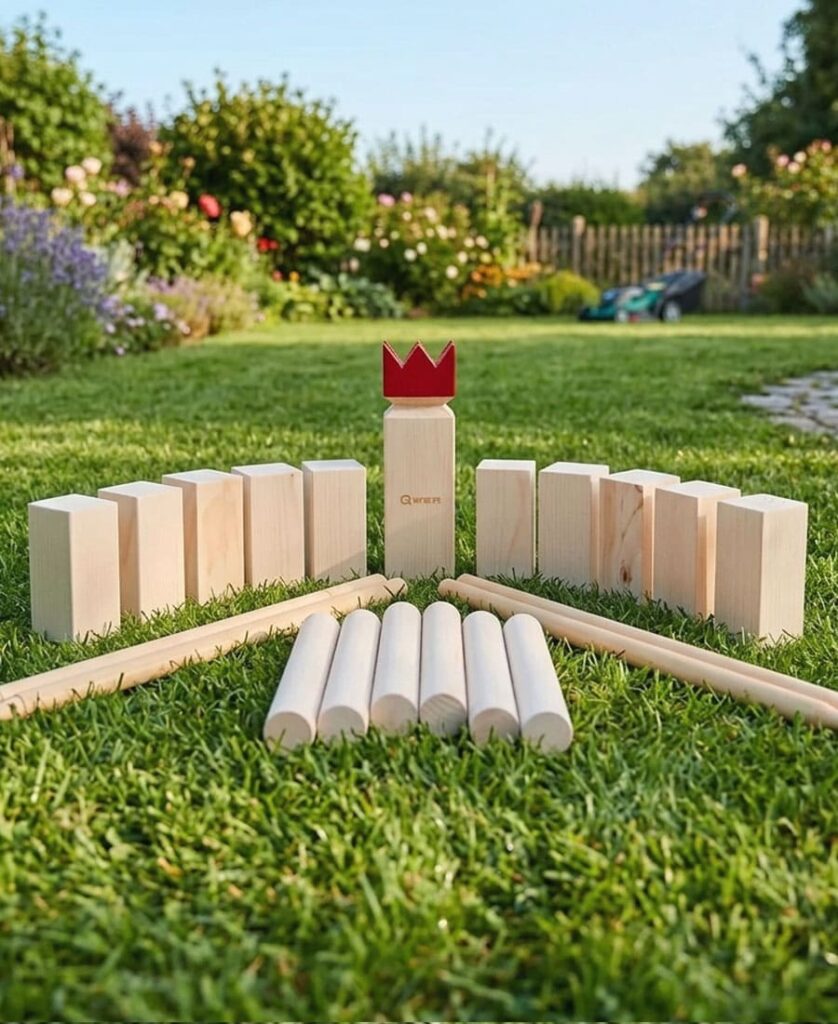 bcdjeux activite exterieur famille kubb Jeu de kubb en bois installé sur l’herbe dans un jardin, activité extérieure intergénérationnelle pour jouer en famille