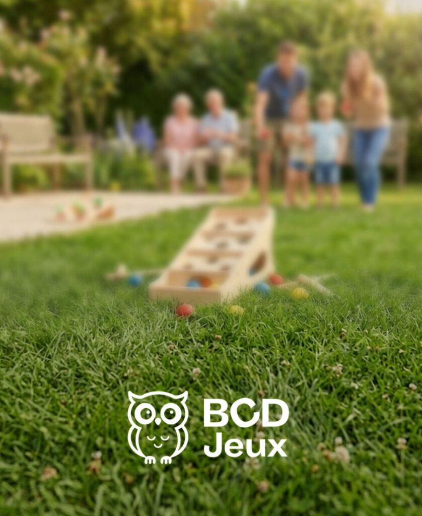 bcdjeux activite exterieur famille logo1 1 Famille jouant dans un jardin avec jeu d’adresse en extérieur, moment convivial et activité en famille en plein air