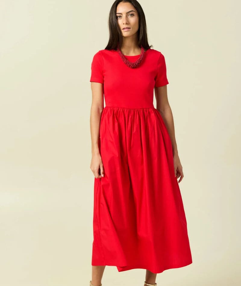 bonobo robe rouge bebymaman Robe rouge longue Bonobo en coton, coupe fluide taille marquée, manches courtes, style minimaliste chic été femme
