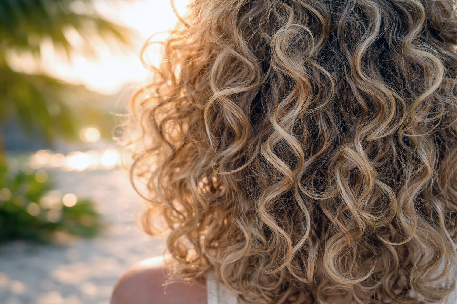 boucles naturelles en gros plan au soleil coiffure été cheveux bouclés