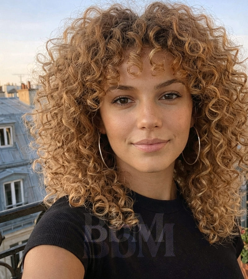 coiffure femme ete cheveux boucle chatain clair naturel 2 cheveux bouclés volumineux avec frange naturelle coiffure femme été