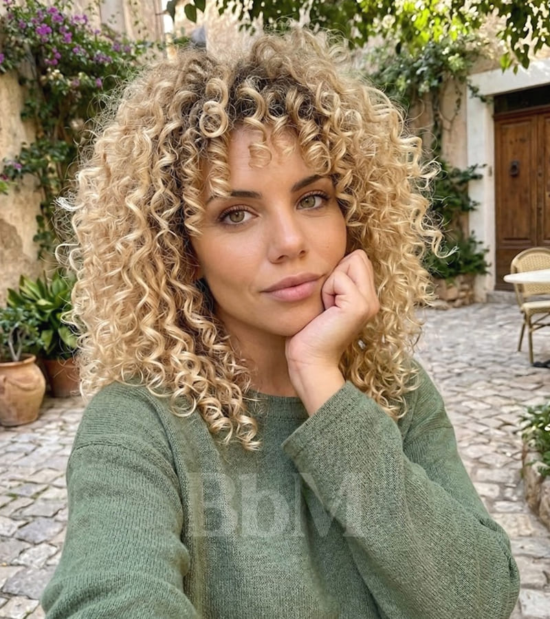 coiffure femme ete cheveux boucle meches blondes 2 cheveux bouclés avec mèches blondes et frange coiffure femme été lumineuse