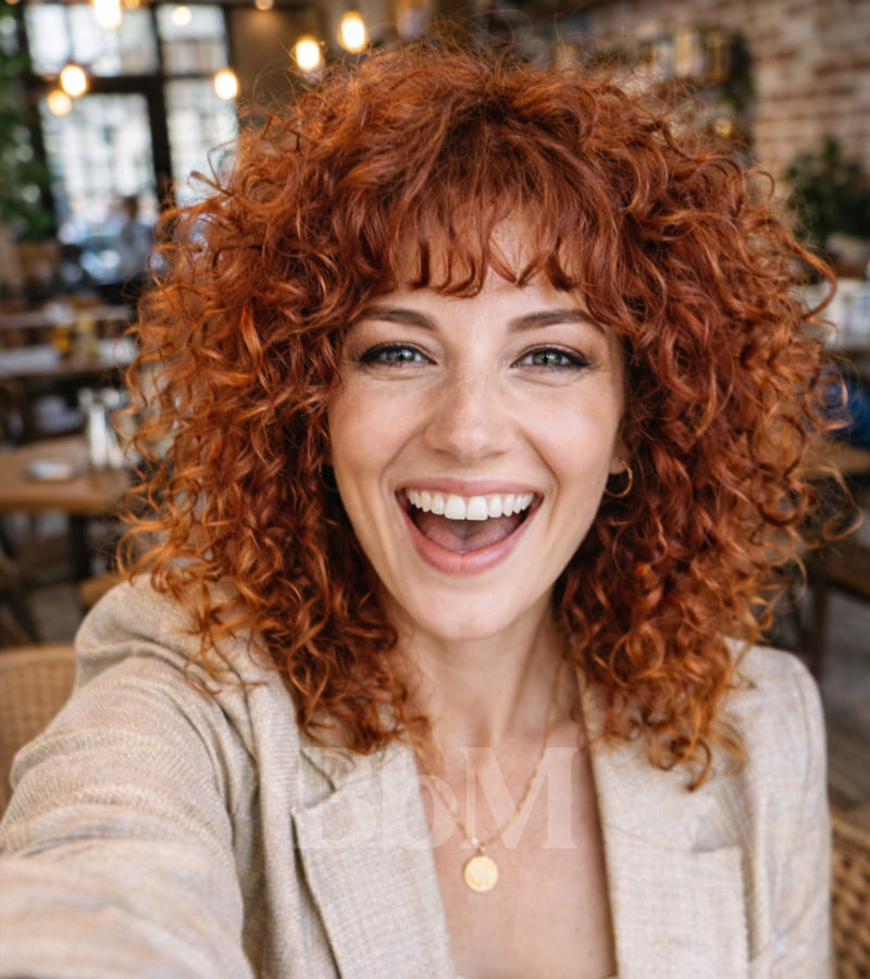coiffure femme ete cheveux boucle cheveux bouclés roux avec frange droite coiffure femme été audacieuse