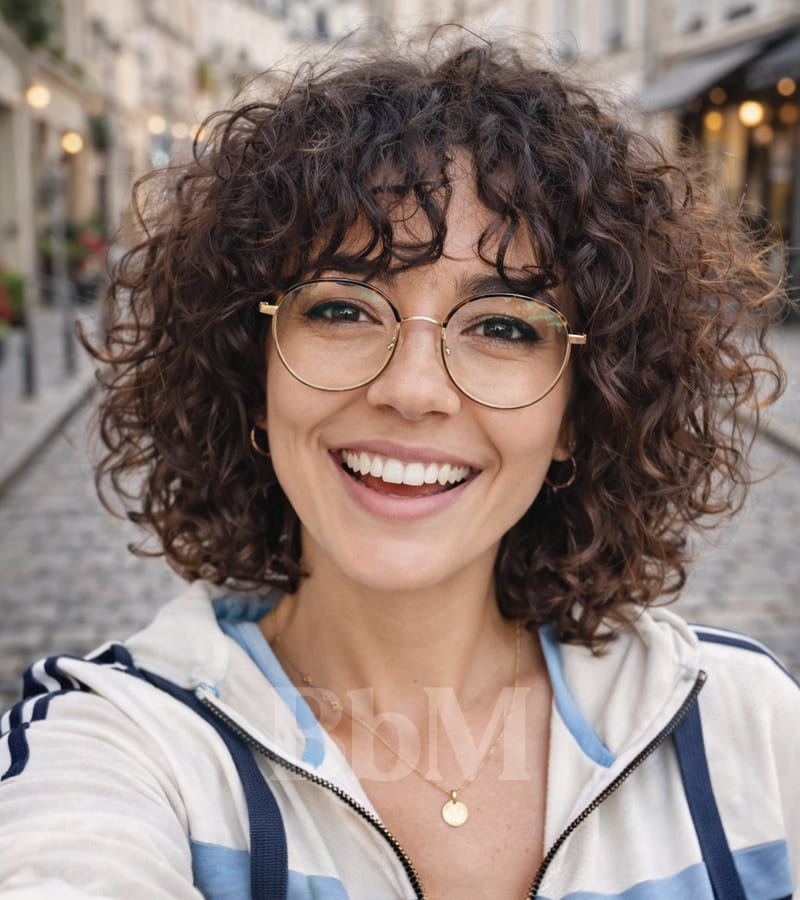coiffure femme ete cheveux carre brun boucle carré cheveux bouclés avec frange et lunettes coiffure femme été moderne