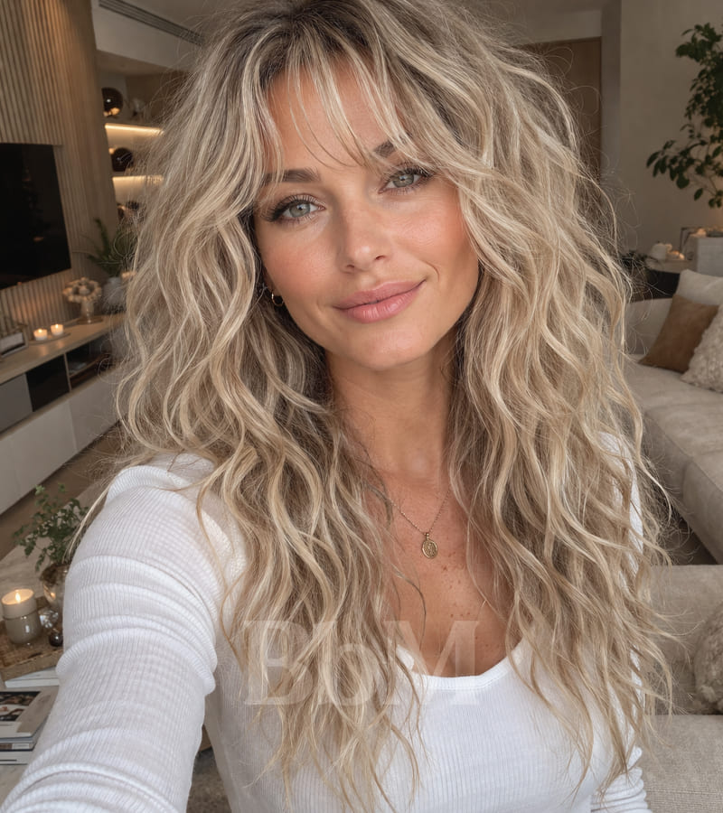 coiffure femme ete cheveux long blond boucle cheveux ondulés blonds avec frange coiffure femme été naturel