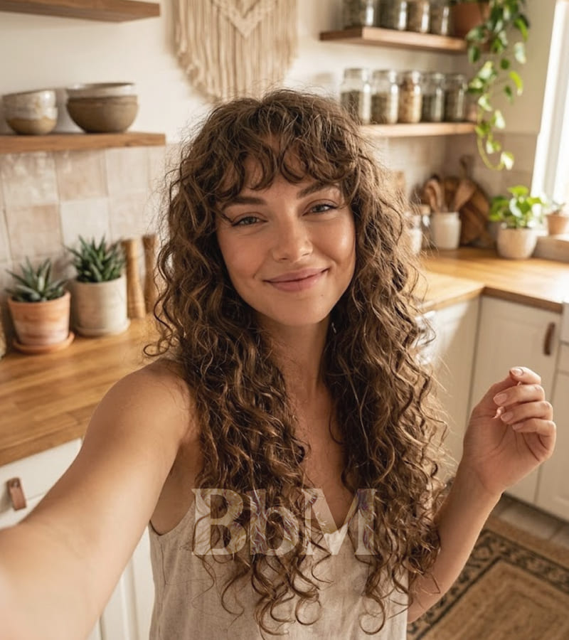 coiffure femme ete cheveux long boucle cheveux longs bouclés avec frange naturelle coiffure femme été bohème