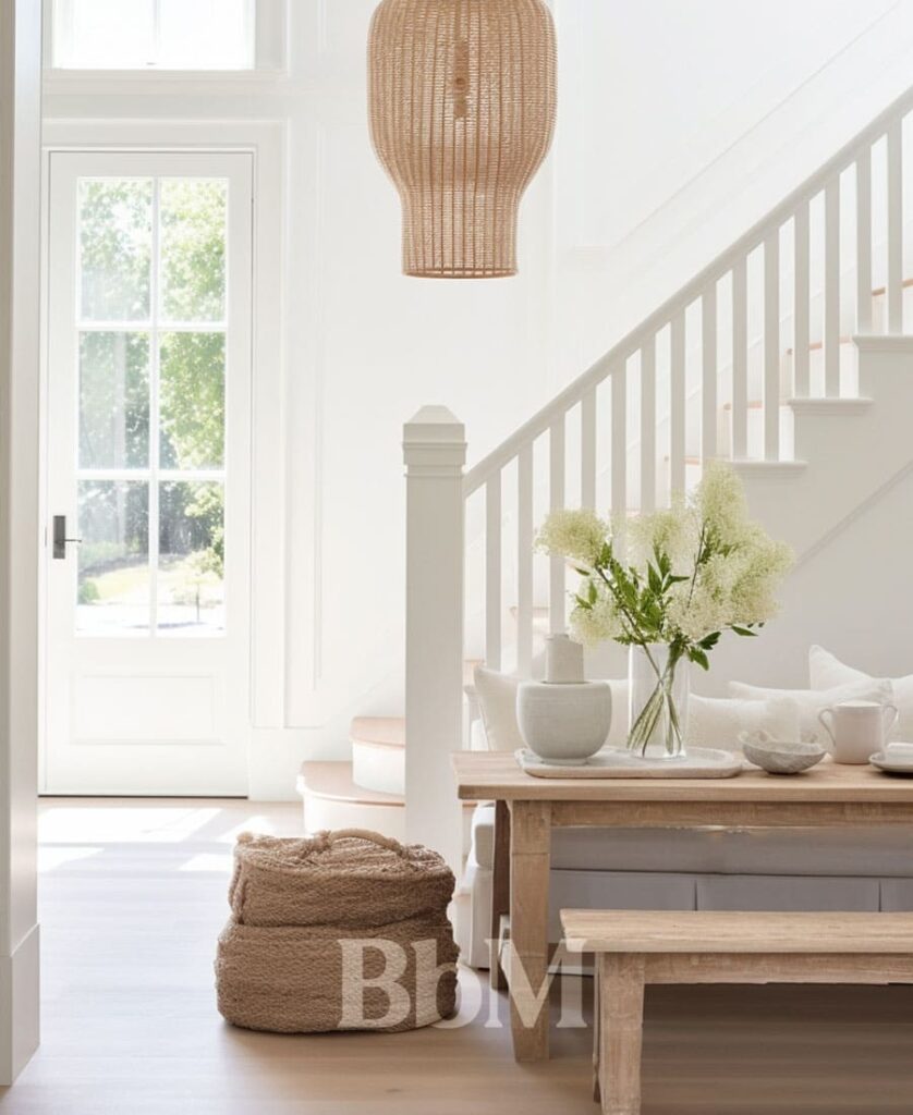 decoration interieur bien etre maison entree Entrée de maison avec murs blancs lumineux et décoration minimaliste, ambiance épurée et apaisante en décoration intérieure