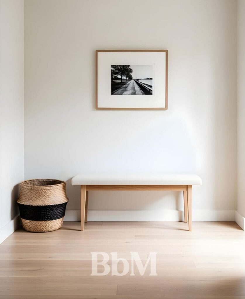 decoration interieur bien etre maison minimaliste blanc bbm Mur blanc avec décoration minimaliste et mobilier simple, intérieur épuré et sobre dans un style maison minimaliste
