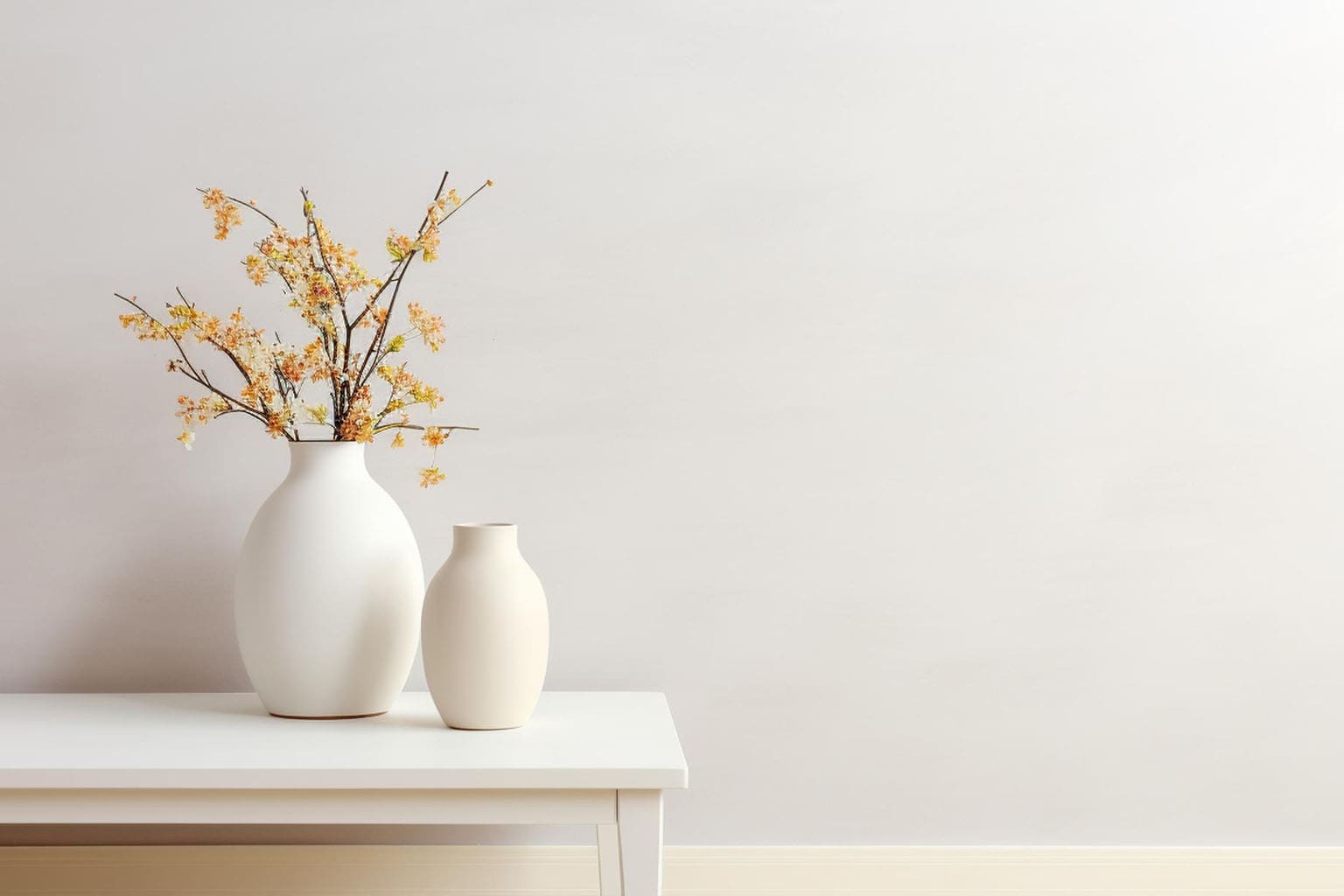 Mur blanc avec décoration minimaliste et vases épurés, intérieur blanc sobre et élégant en décoration maison