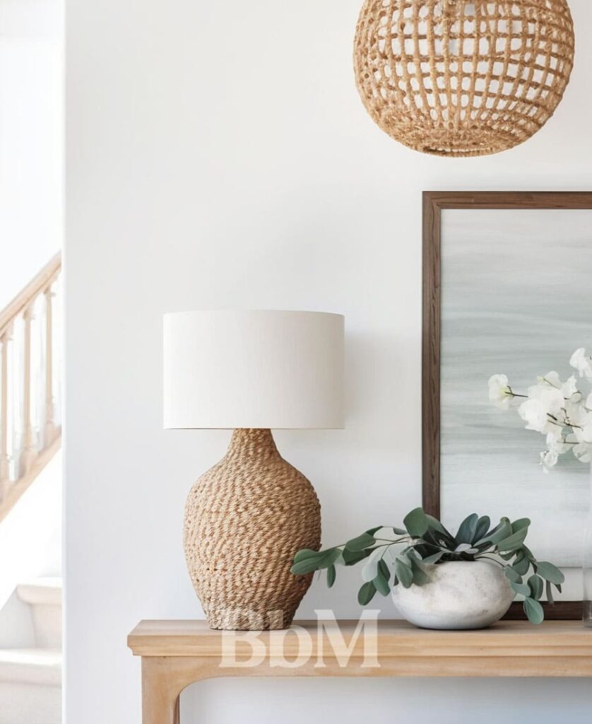 decoration interieur bien etre maison minimalste cosy bbm Salon avec murs blancs et décoration cosy en matières naturelles, ambiance minimaliste chic et chaleureuse