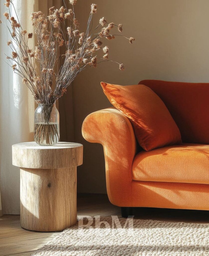 decoration interieur bien etre maison salon beige Salon aux murs couleur ocre doux avec décoration sobre et lumière naturelle, ambiance apaisante et chaleureuse en slow home