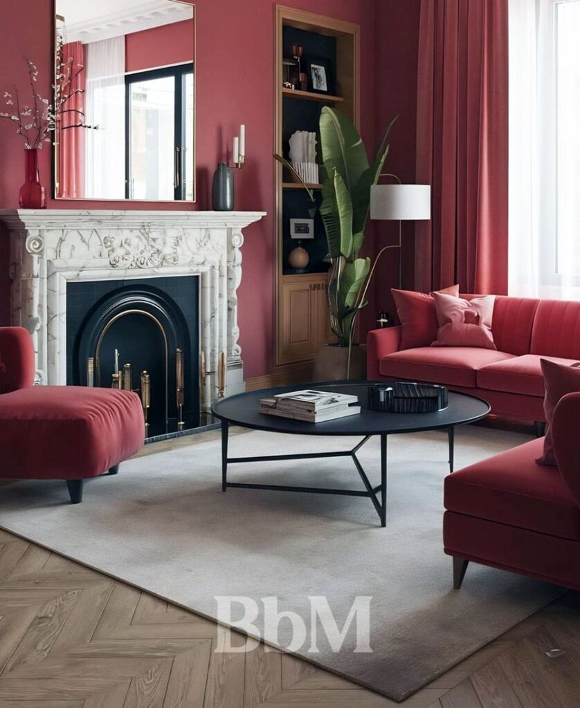 decoration interieur bien etre maison salon rouge rose bebymaman Salon aux murs colorés rouge rosé avec décoration élégante et ambiance cosy, exemple de décoration intérieure audacieuse en slow home