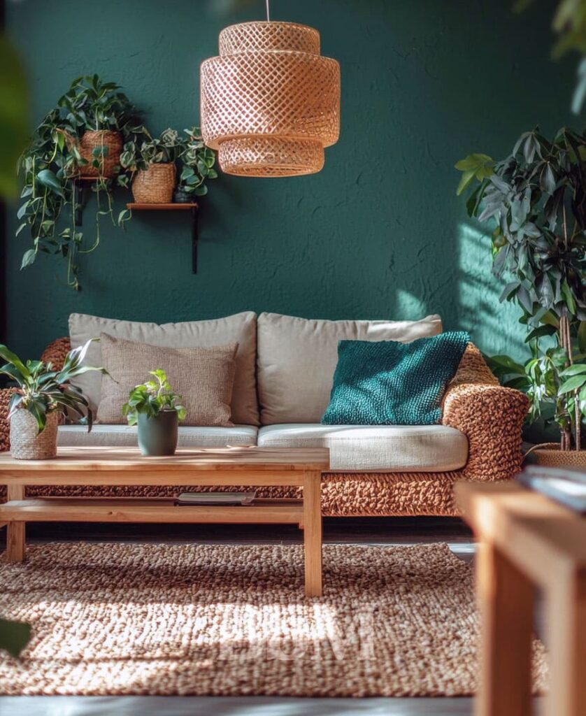 decoration interieur bien etre maison salon vert bebymaman Salon avec murs verts et décoration naturelle, plantes et matières brutes pour une ambiance apaisante et slow home