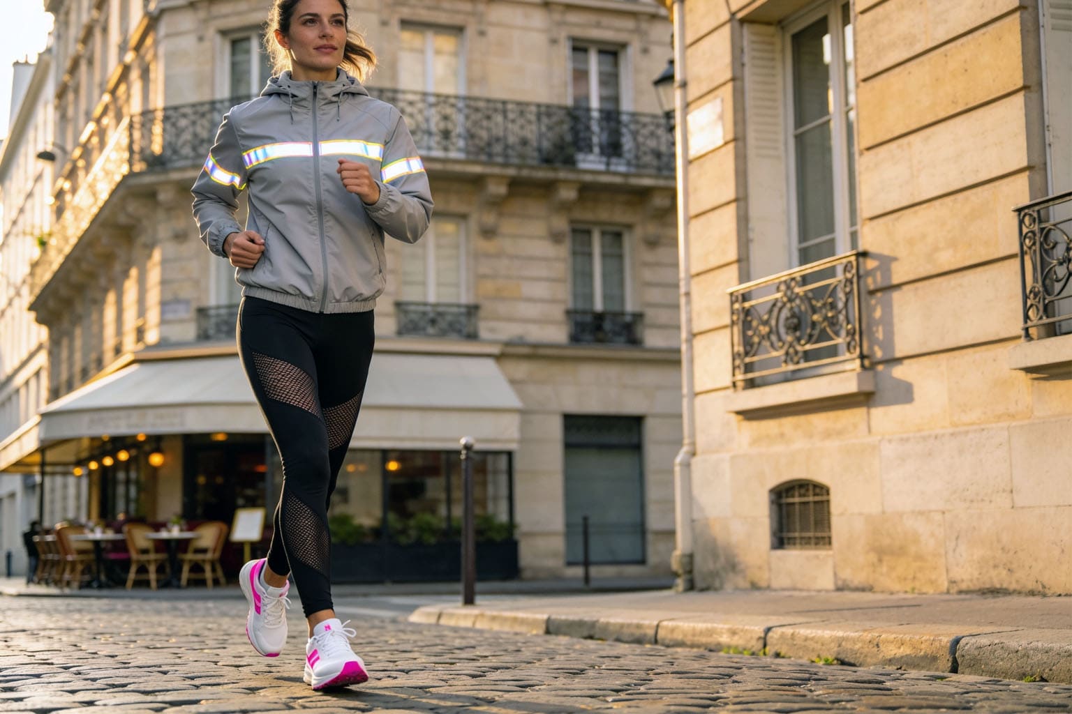 Femme qui court en ville au soleil, moment pour soi et illustration de la slow maman qui allège sa charge mentale au quotidien