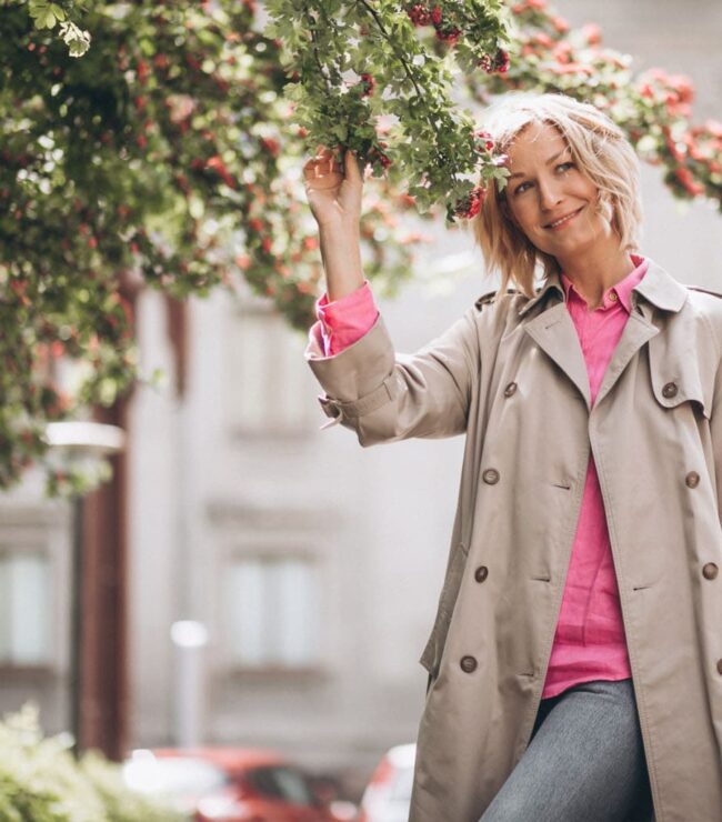 Femme souriante profitant du printemps sous un arbre en fleurs, incarnation de la slow attitude maman au mois de mai