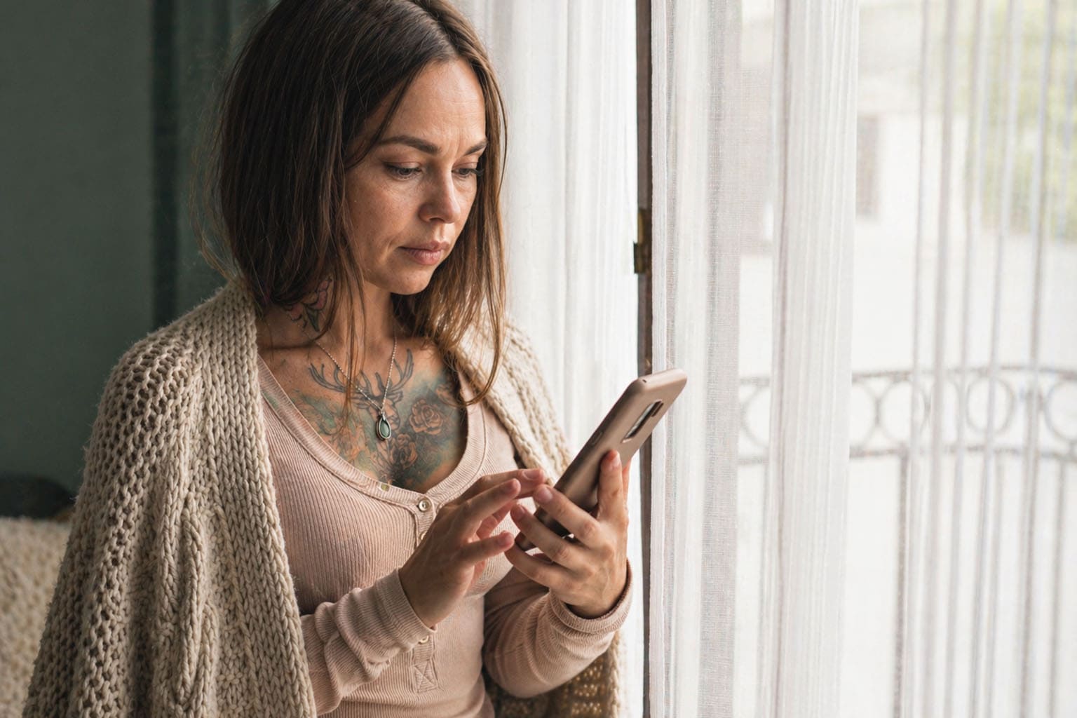 Femme d’environ 35 ans, naturelle et peu maquillée, utilisant son smartphone près d’une fenêtre lumineuse, scène de réflexion sur l’usage des réseaux sociaux et le slow blogging