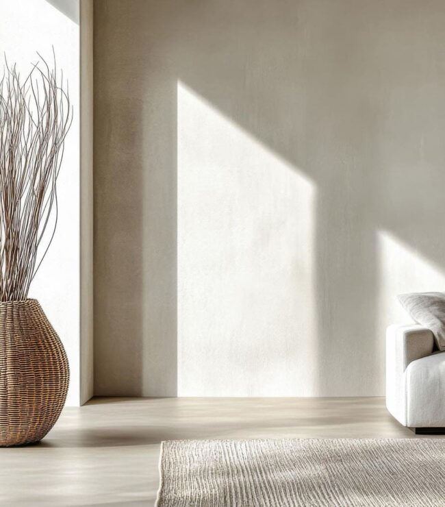 Intérieur minimaliste et apaisant avec lumière naturelle, illustration du minimalisme domestique et du slow home pour alléger la charge mentale