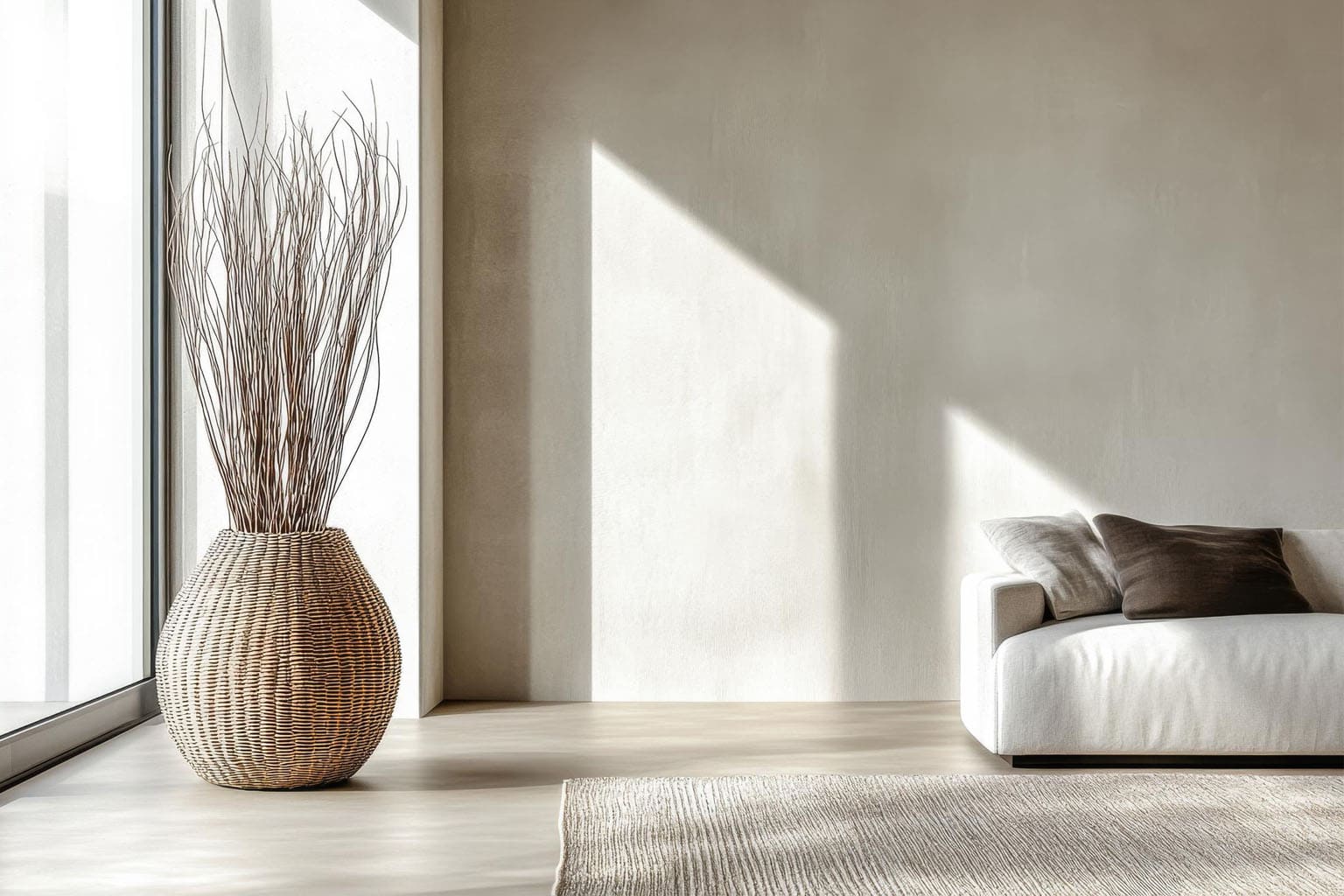 Intérieur minimaliste et apaisant avec lumière naturelle, illustration du minimalisme domestique et du slow home pour alléger la charge mentale