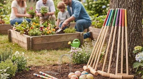 Famille multigénérationnelle jardinant ensemble dans un potager avec jeux en bois à proximité, activité extérieure et moments partagés en famille
