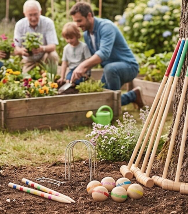 Famille multigénérationnelle jardinant ensemble dans un potager avec jeux en bois à proximité, activité extérieure et moments partagés en famille