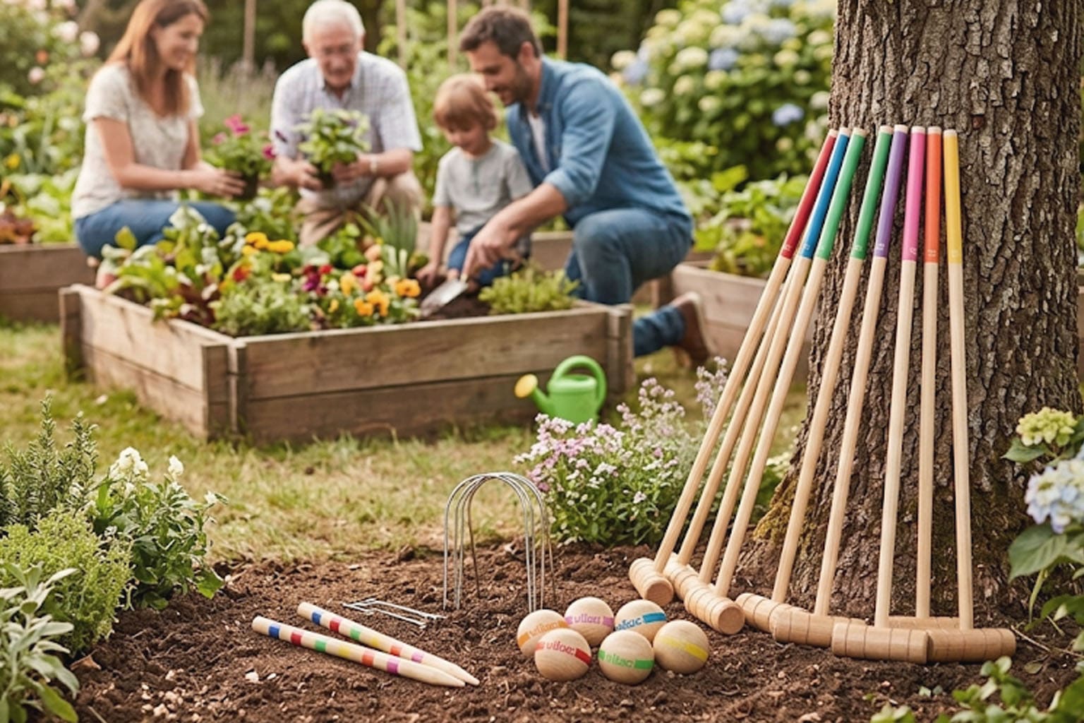 Famille multigénérationnelle jardinant ensemble dans un potager avec jeux en bois à proximité, activité extérieure et moments partagés en famille