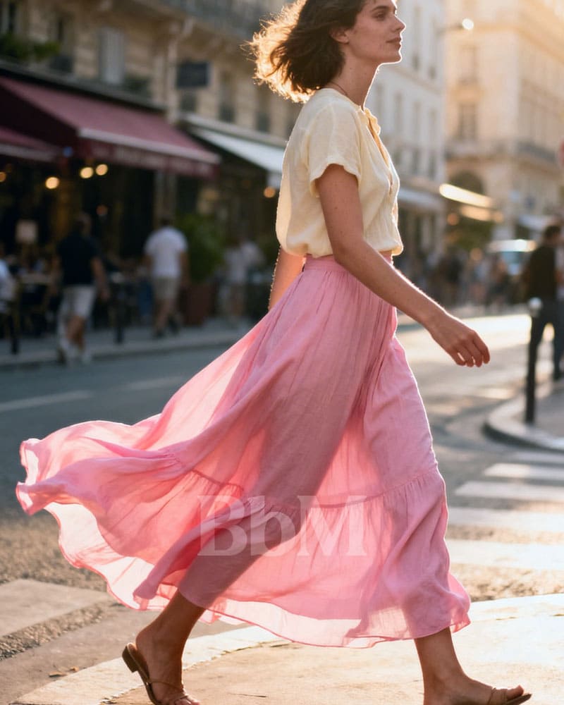 jupe longue mode femme dressing ete oser porter du rose bebymaman jupe longue rose fluide look femme été 2026