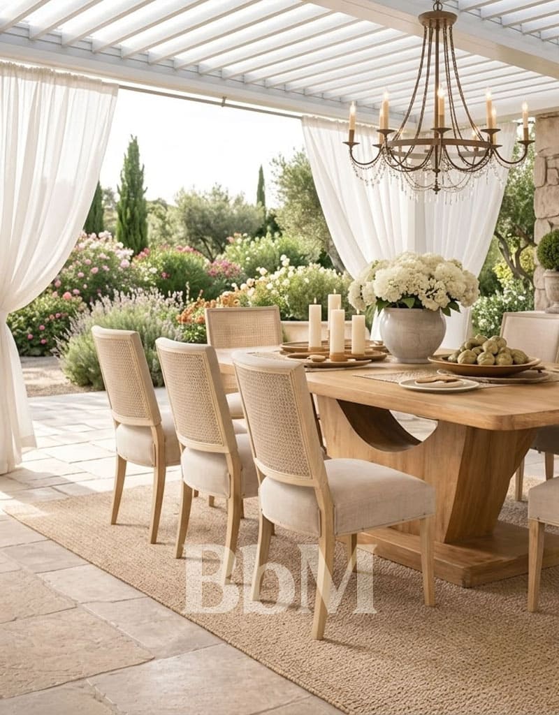 pergola bioclimatique salle a manger exterieur jardin slow home bebymaman salle à manger extérieure sous pergola avec rideaux et grande table en bois ambiance slow living maison de famille