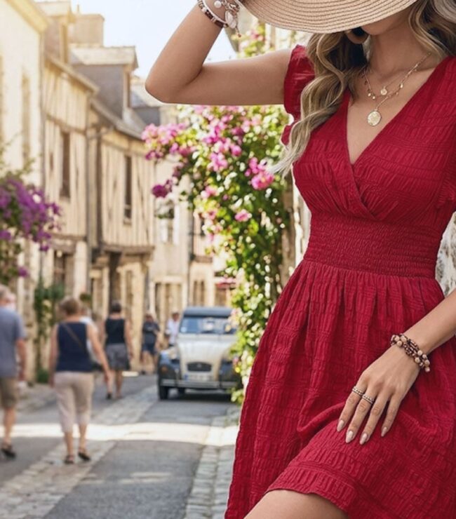 Femme en robe rouge fluide dans une rue ensoleillée d’été, style bohème chic avec chapeau et sandales, tendance petite robe rouge été
