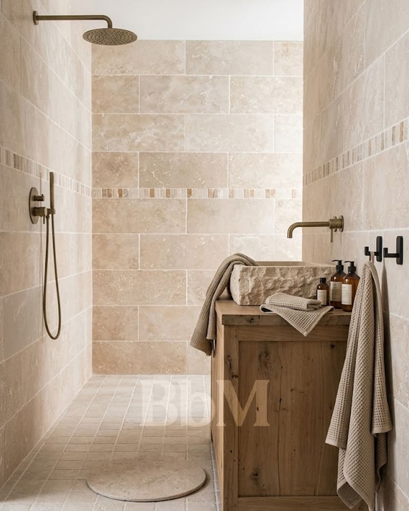 salle de bain travertin couloir elegant bebymaman Salle de bain en travertin avec douche à l’italienne et mobilier bois