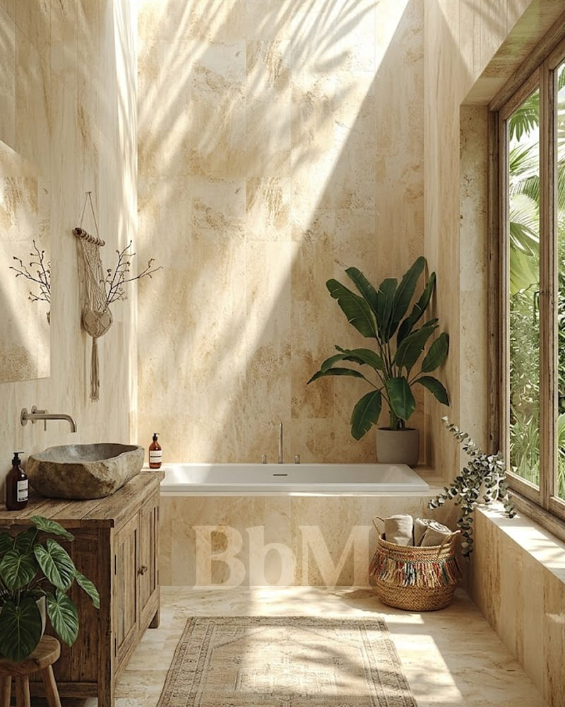 salle de bain travertin deco boheme chic bebymaman Salle de bain en travertin lumineuse avec baignoire, plantes et décoration bohème
