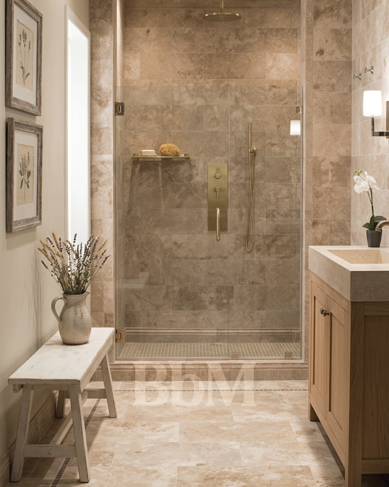 salle de bain travertin decoration campagne chic bebymaman Salle de bain en travertin style campagne chic avec douche vitrée et meuble en bois