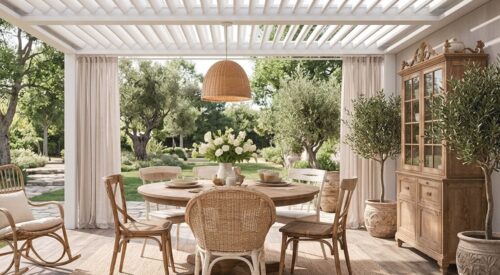 salle à manger extérieure sous pergola avec table ronde en bois et décoration naturelle ambiance slow home jardin