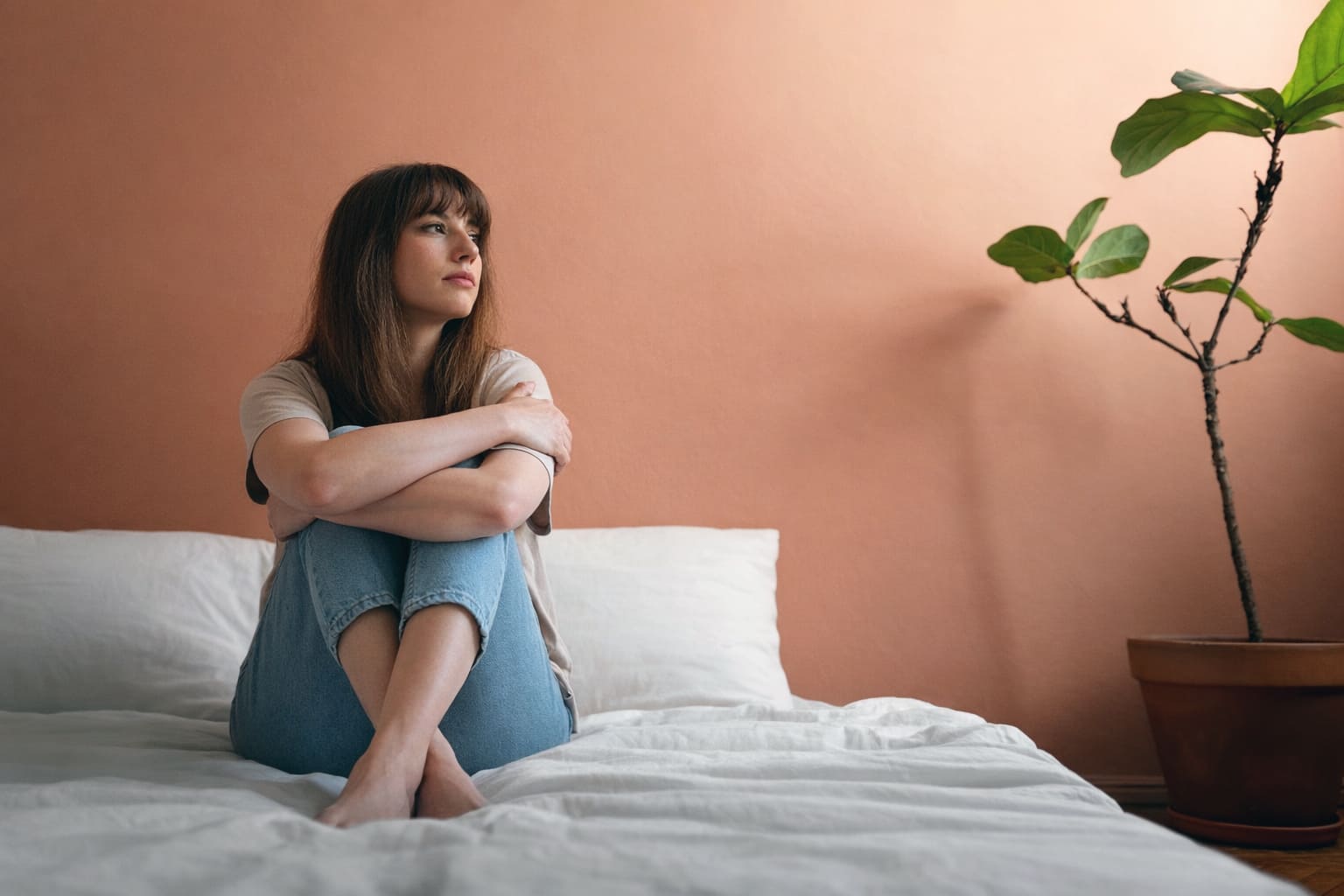 femme assise sur un lit regardant au loin moment de réflexion slow maman équilibre personnel