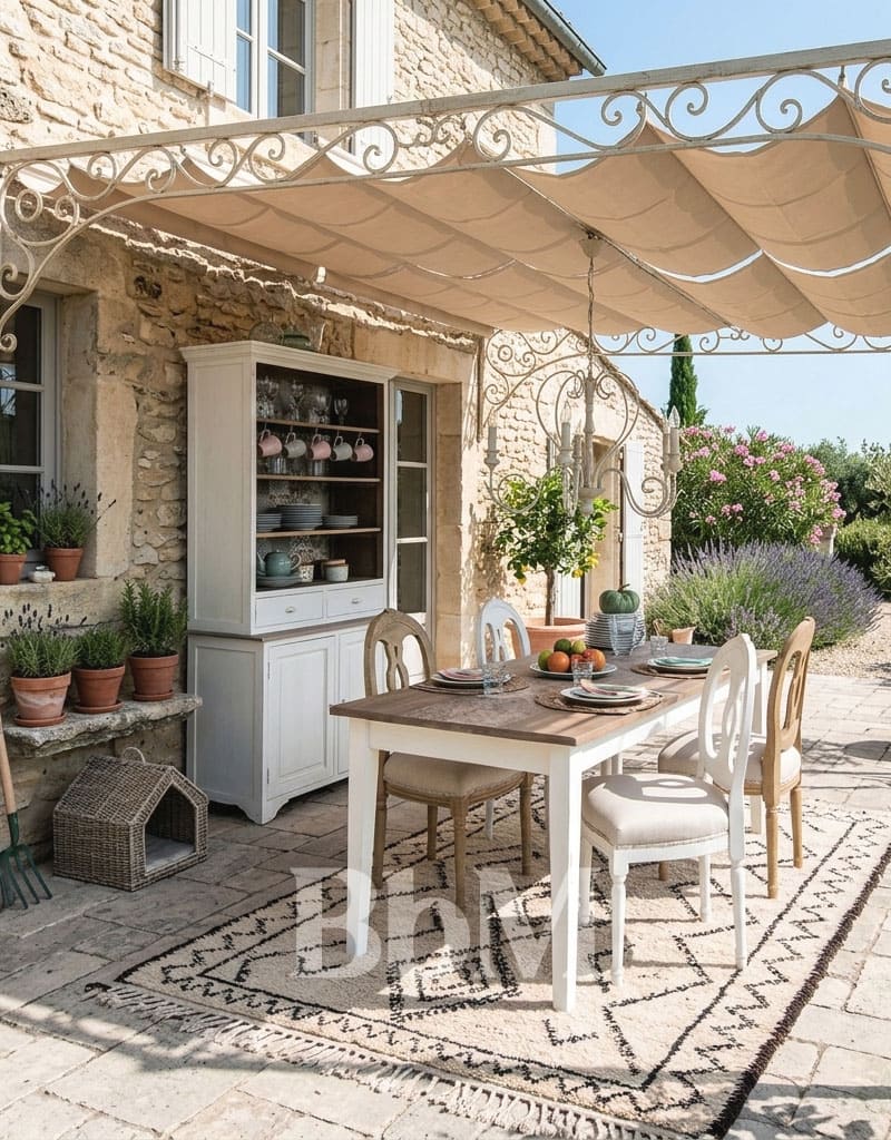 tonelle blanche salle a manger exterieur jardin slow home bebymaman salle à manger extérieure sous tonnelle dans jardin en pierre ambiance slow living maison provençale